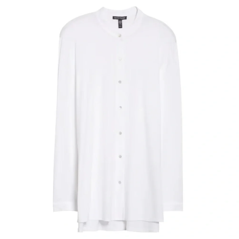 Eileen Fisher White Tencel blend v-neck Button Front Long Sleeve Tunic Shirt L